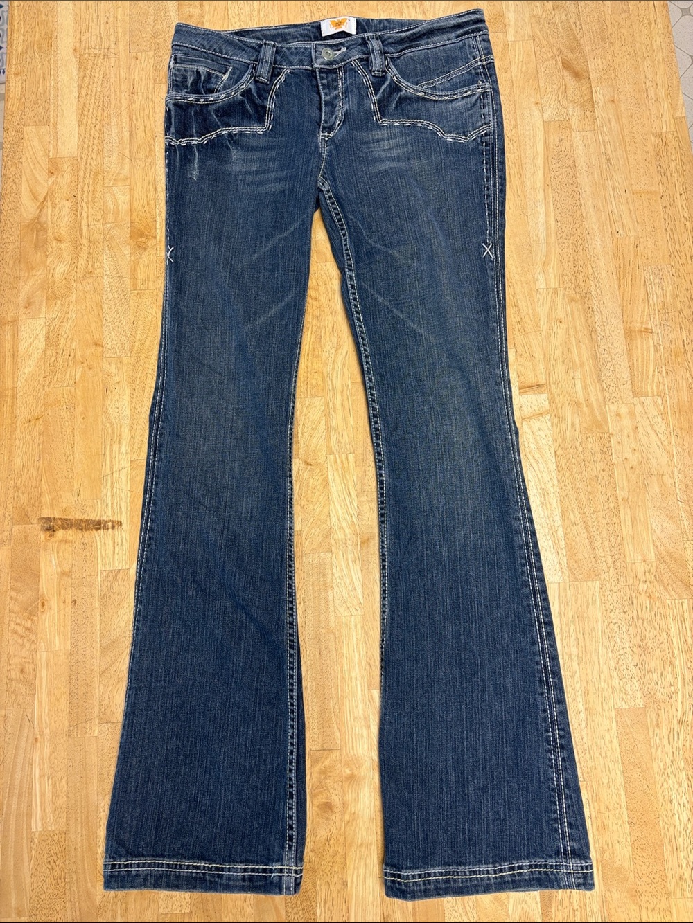 Y2K Antik Denim Embroidered Flare Jeans Dark Wash Button Fly Low Rise Stitch 28